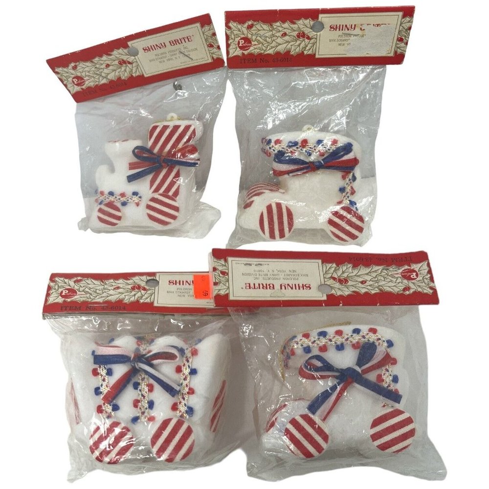 Vintage Shiny Brite Train Car Flocked Ornaments New In Package Made In Hong Kong